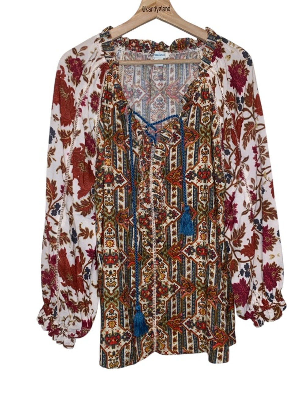 SUNDANCE Multicolor Boho Peasant Blouse w/ Balloon Sleeves and Tassel Tie Detail